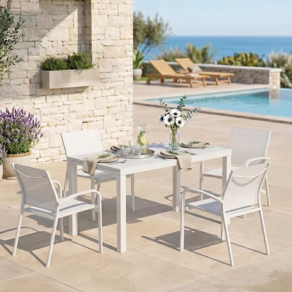 Set tavolo da giardino allungabile 140/210cm bianco + 4 sedie con braccioli tondi bianco Brezza