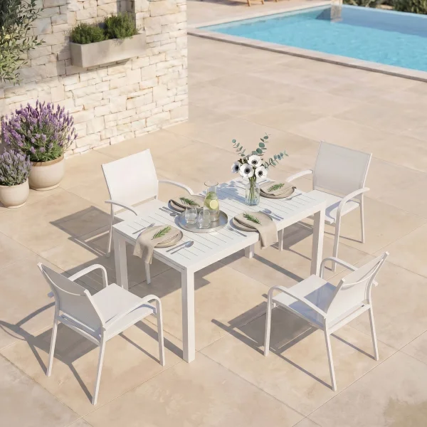 Set tavolo da giardino allungabile 140/210cm bianco + 4 sedie con braccioli tondi bianco Brezza