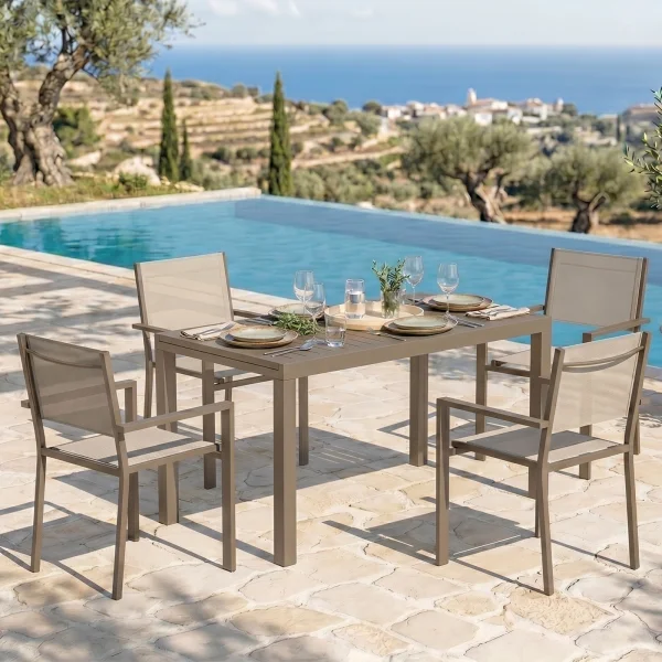 Set tavolo da giardino allungabile 140/210cm tortora + 4 sedie con braccioli quadrati tortora Brezza