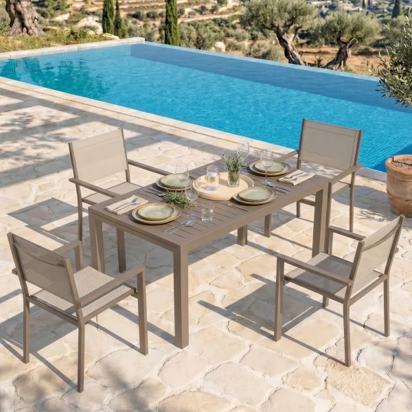 Set tavolo da giardino allungabile 140/210cm tortora + 4 sedie con braccioli quadrati tortora Brezza