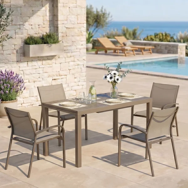 Set tavolo da giardino allungabile 140/210cm tortora + 4 sedie con braccioli tondi tortora Brezza