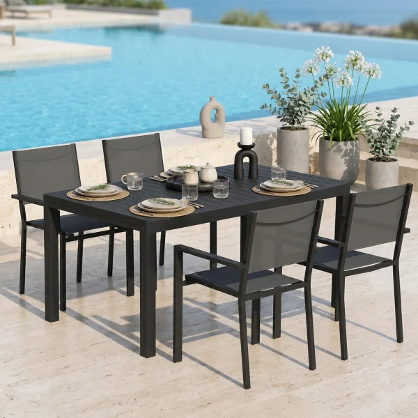Set tavolo da giardino allungabile 160/240cm antracite + 4 sedie con braccioli quadrati alluminio antracite Zephy
