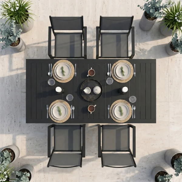 Set tavolo da giardino allungabile 160/240cm antracite + 4 sedie con braccioli quadrati alluminio antracite Zephy