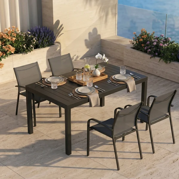 Set tavolo da giardino allungabile 160/240cm antracite + 4 sedie con braccioli tondi antracite Brezza
