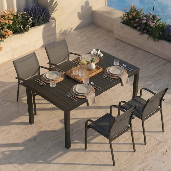 Set tavolo da giardino allungabile 160/240cm antracite + 4 sedie con braccioli tondi antracite Brezza