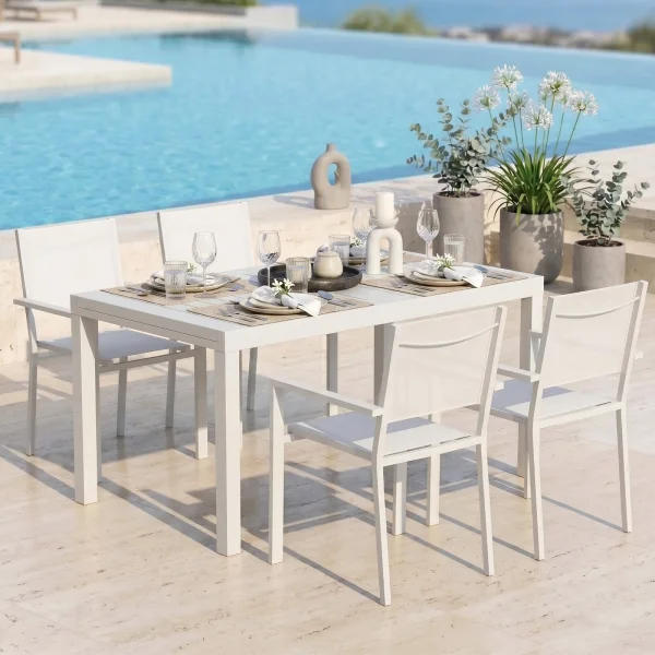 Set tavolo da giardino allungabile 160/240cm bianco + 4 sedie con braccioli quadrati alluminio bianco Zephy
