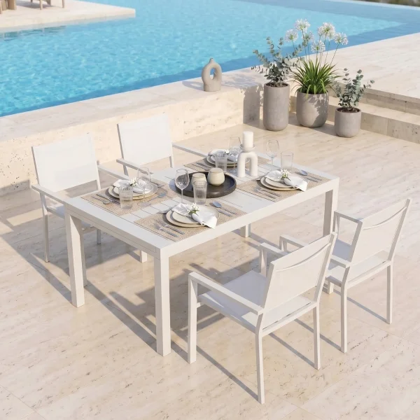 Set tavolo da giardino allungabile 160/240cm bianco + 4 sedie con braccioli quadrati alluminio bianco Zephy