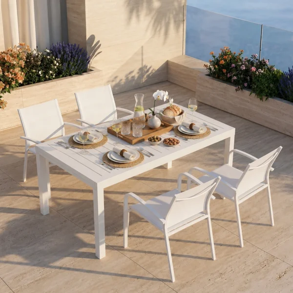 Set tavolo da giardino allungabile 160/240cm bianco + 4 sedie con braccioli tondi alluminio bianco Prato