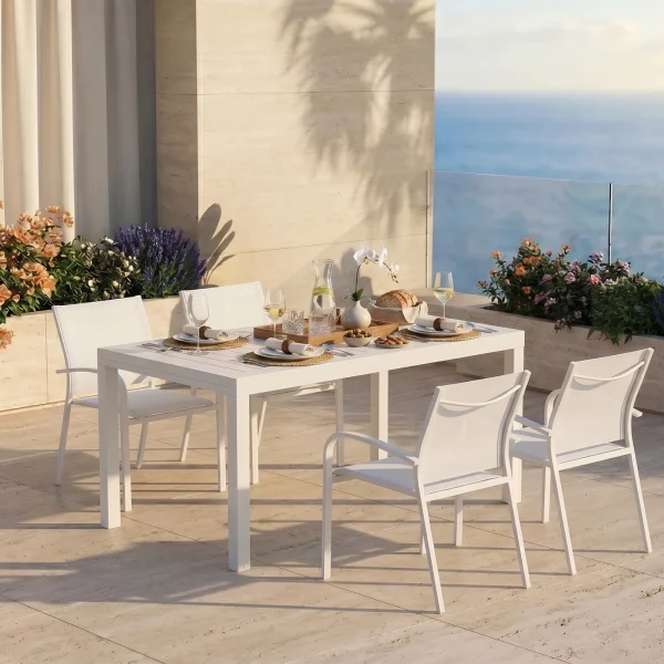 Set tavolo da giardino allungabile 160/240cm bianco + 4 sedie con braccioli tondi alluminio bianco Prato