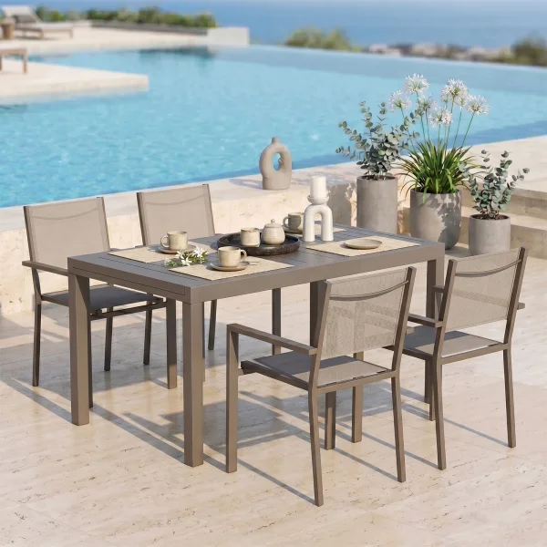 Set tavolo da giardino allungabile 160/240cm tortora + 4 sedie con braccioli quadrati alluminio tortora Zephy