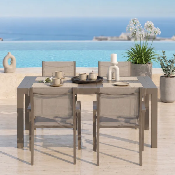 Set tavolo da giardino allungabile 160/240cm tortora + 4 sedie con braccioli quadrati alluminio tortora Zephy