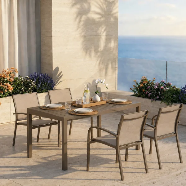 Set tavolo da giardino allungabile 160/240cm tortora + 4 sedie con braccioli tondi alluminio tortora Prato