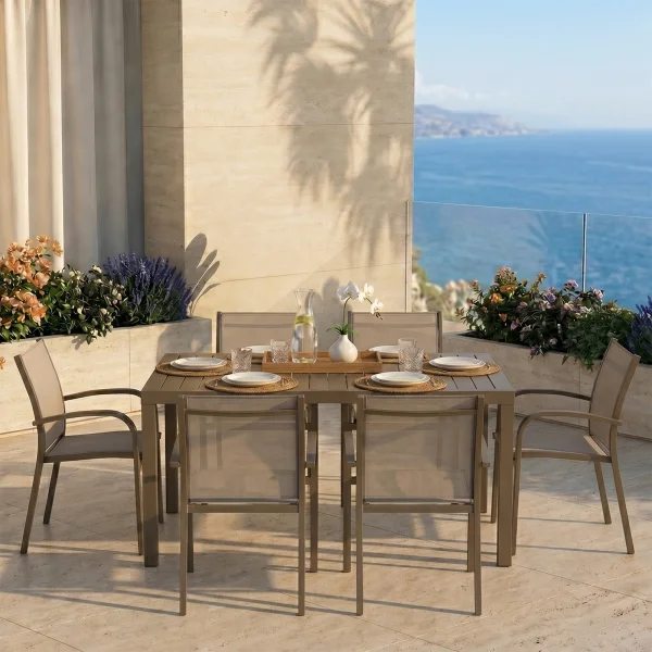 Set tavolo da giardino allungabile 160/240cm tortora + 4 sedie con braccioli tondi alluminio tortora Prato