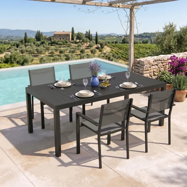 Set tavolo da giardino allungabile 200/300cm antracite + 4 sedie con braccioli quadrati antracite Brezza