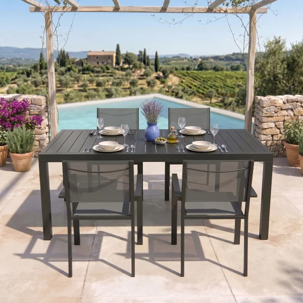 Set tavolo da giardino allungabile 200/300cm antracite + 4 sedie con braccioli quadrati antracite Brezza