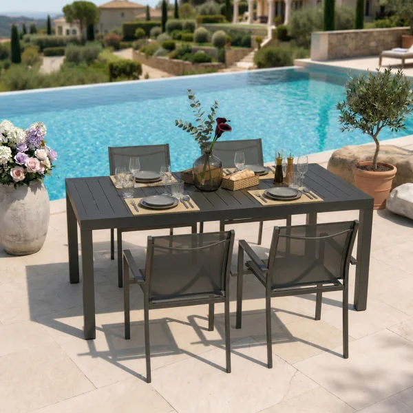 Set tavolo da giardino allungabile 200/300cm antracite + 4 sedie con braccioli tondi antracite Brezza