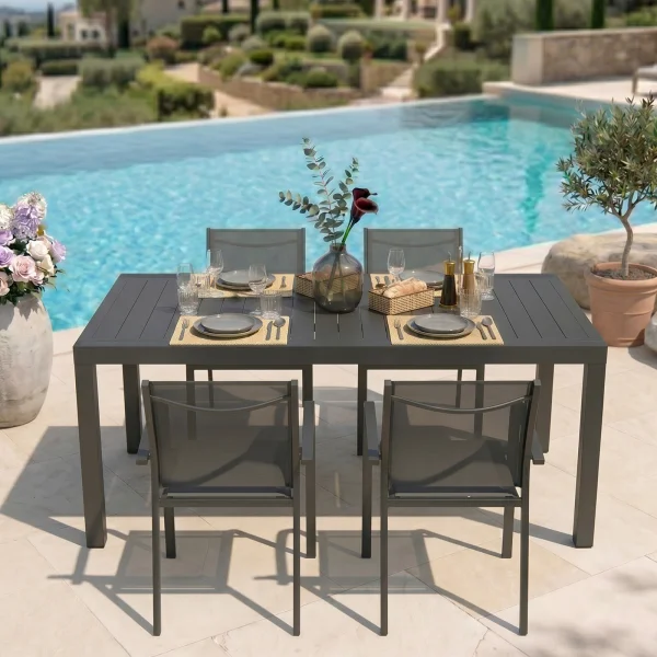 Set tavolo da giardino allungabile 200/300cm antracite + 4 sedie con braccioli tondi antracite Brezza