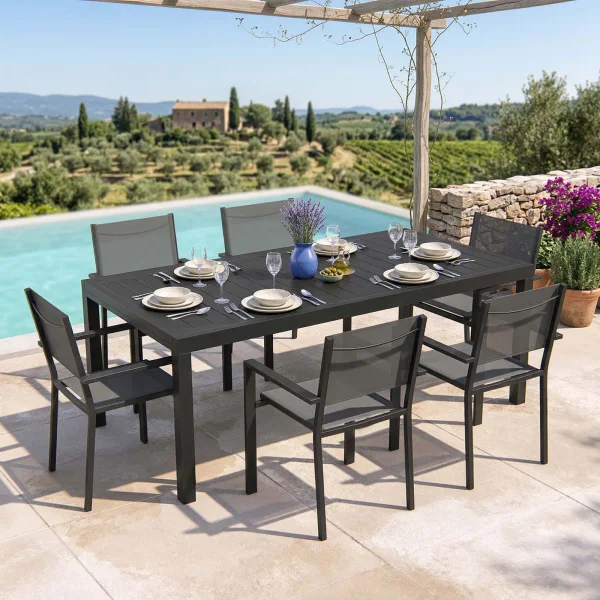 Set tavolo da giardino allungabile 200/300cm antracite + 6 sedie con braccioli quadrati antracite alluminio Zephy