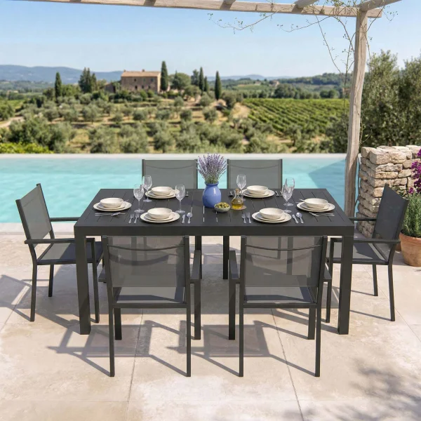 Set tavolo da giardino allungabile 200/300cm antracite + 6 sedie con braccioli quadrati antracite alluminio Zephy