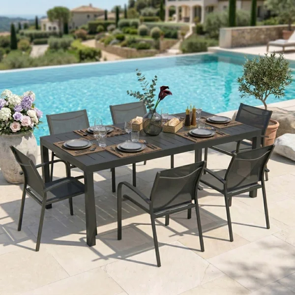Set tavolo da giardino allungabile 200/300cm antracite + 6 sedie con braccioli tondi antracite Brezza