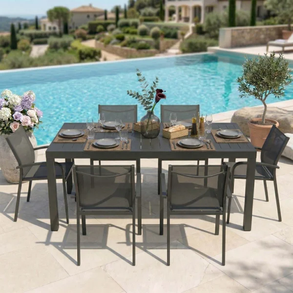 Set tavolo da giardino allungabile 200/300cm antracite + 6 sedie con braccioli tondi antracite Brezza