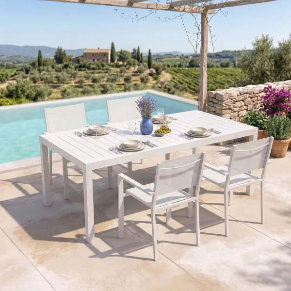 Set tavolo da giardino allungabile 200/300cm bianco + 4 sedie con braccioli quadrati bianco Brezza