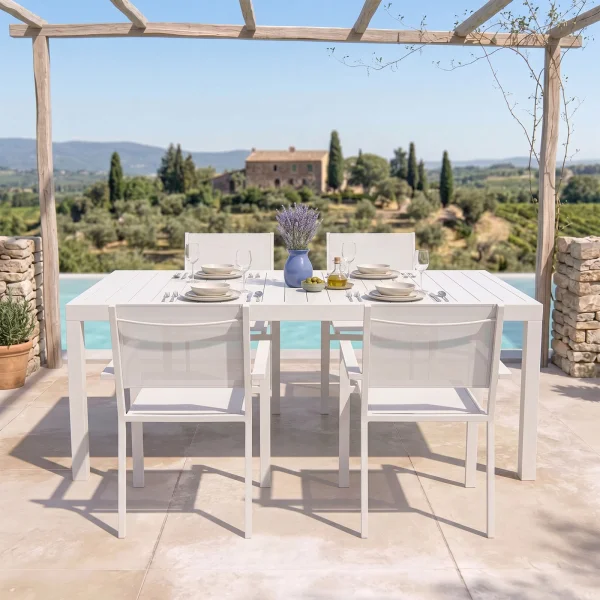 Set tavolo da giardino allungabile 200/300cm bianco + 4 sedie con braccioli quadrati bianco Brezza