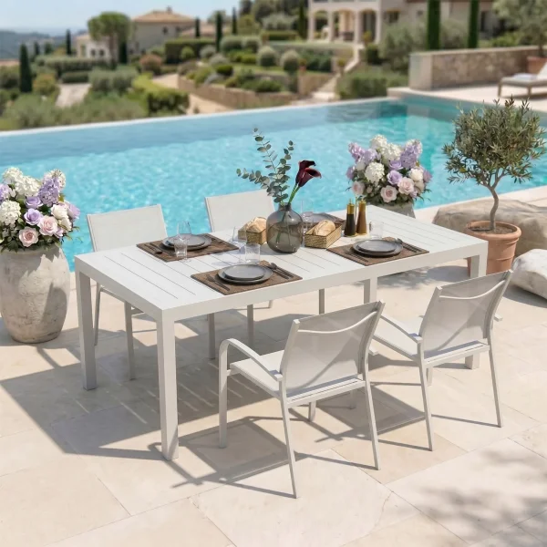 Set tavolo da giardino allungabile 200/300cm bianco + 4 sedie con braccioli tondi bianco Brezza