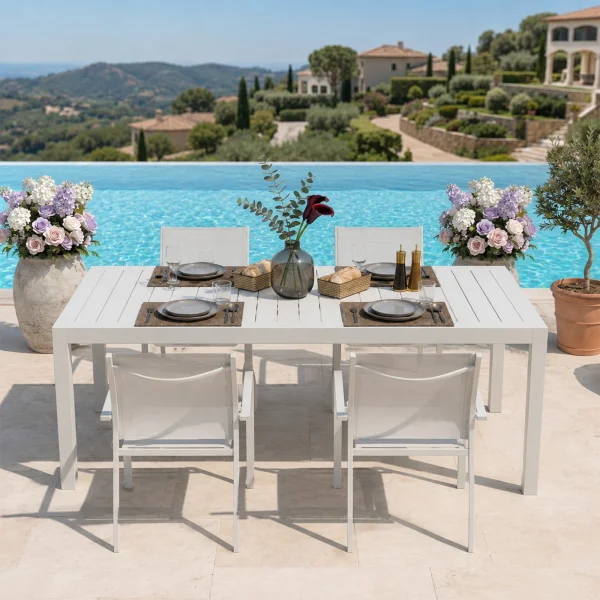 Set tavolo da giardino allungabile 200/300cm bianco + 4 sedie con braccioli tondi bianco Brezza