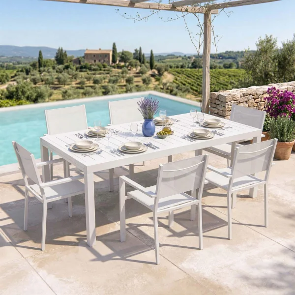Set tavolo da giardino allungabile 200/300cm bianco + 6 sedie con braccioli quadrati bianco alluminio Zephy