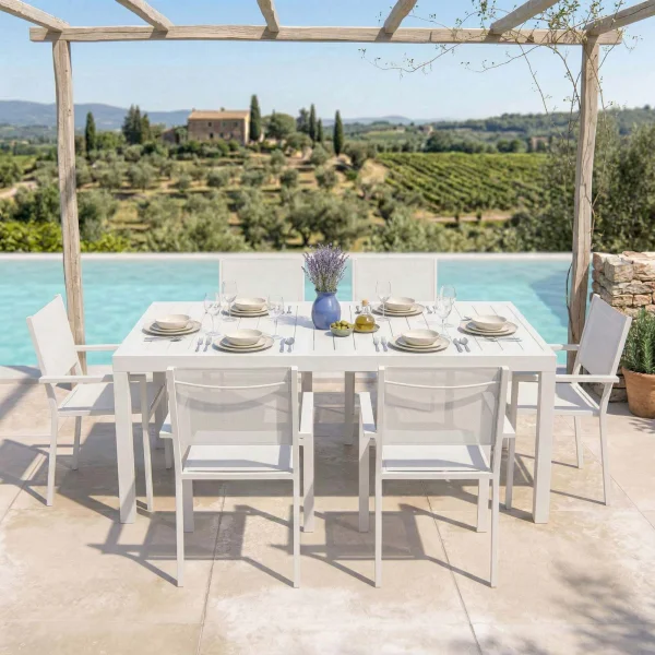 Set tavolo da giardino allungabile 200/300cm bianco + 6 sedie con braccioli quadrati bianco alluminio Zephy