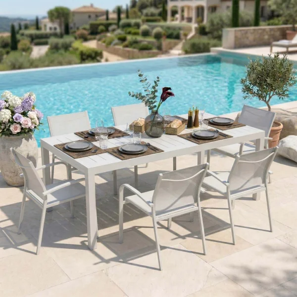 Set tavolo da giardino allungabile 200/300cm bianco + 6 sedie con braccioli tondi bianco alluminio Prato