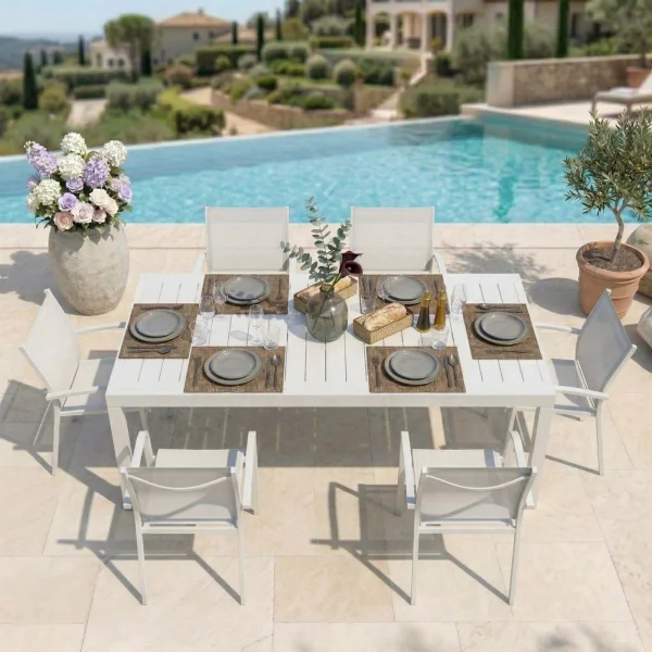 Set tavolo da giardino allungabile 200/300cm bianco + 6 sedie con braccioli tondi bianco alluminio Prato