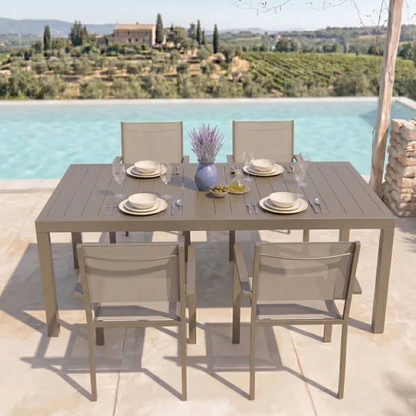Set tavolo da giardino allungabile 200/300cm tortora + 4 sedie con braccioli quadrati tortora Brezza