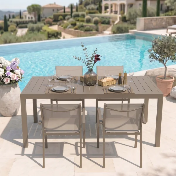Set tavolo da giardino allungabile 200/300cm tortora + 4 sedie con braccioli tondi tortora Brezza