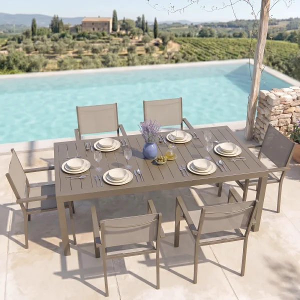 Set tavolo da giardino allungabile 200/300cm tortora + 6 sedie con braccioli quadrati tortora alluminio Zephy
