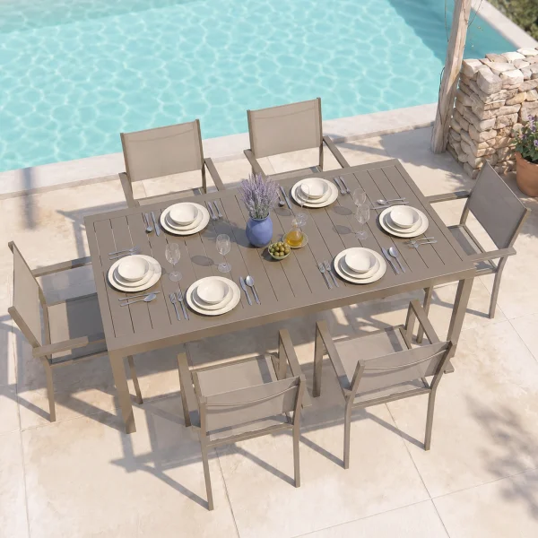 Set tavolo da giardino allungabile 200/300cm tortora + 6 sedie con braccioli quadrati tortora alluminio Zephy