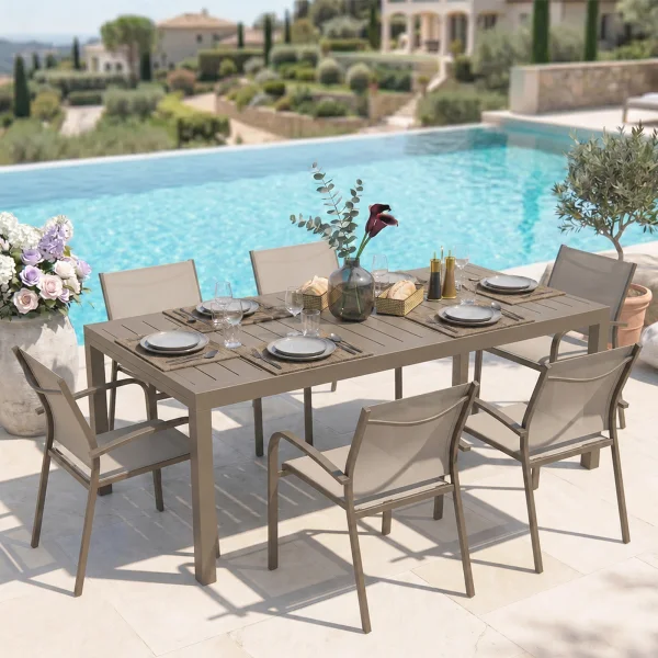 Set tavolo da giardino allungabile 200/300cm tortora + 6 sedie con braccioli tondi tortora alluminio Prato
