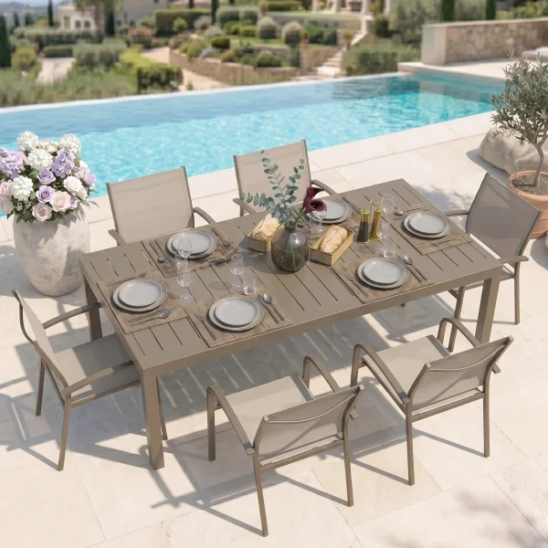 Set tavolo da giardino allungabile 200/300cm tortora + 6 sedie con braccioli tondi tortora alluminio Prato