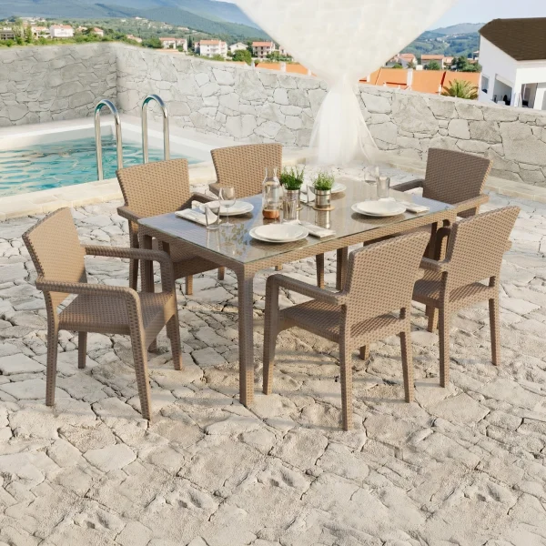 Set tavolo da giardino esterno bar dehors 150x90cm + 6 sedie con braccioli effetto rattan tortora Bora