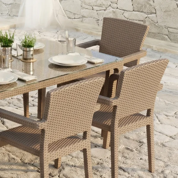 Set tavolo da giardino esterno bar dehors 150x90cm + 6 sedie con braccioli effetto rattan tortora Bora