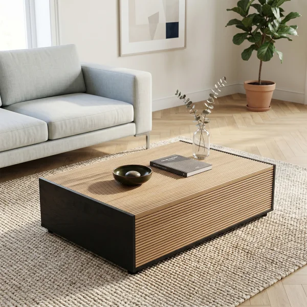 Tavolino da salotto 110x77 cm 2 cassetti con design cannettato rovere nero frassinato Norcia