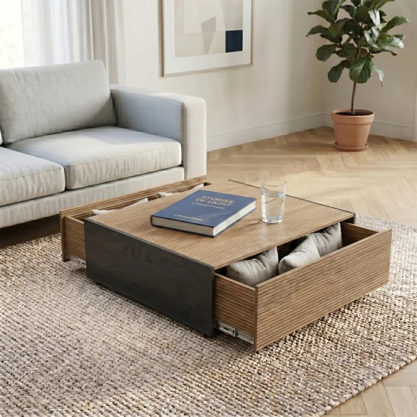 Tavolino da salotto 110x77 cm 2 cassetti con design cannettato rovere nero frassinato Norcia