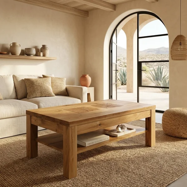 Tavolino da salotto 118x70cm 1 ripiano a vista legno massello quercia Ebania
