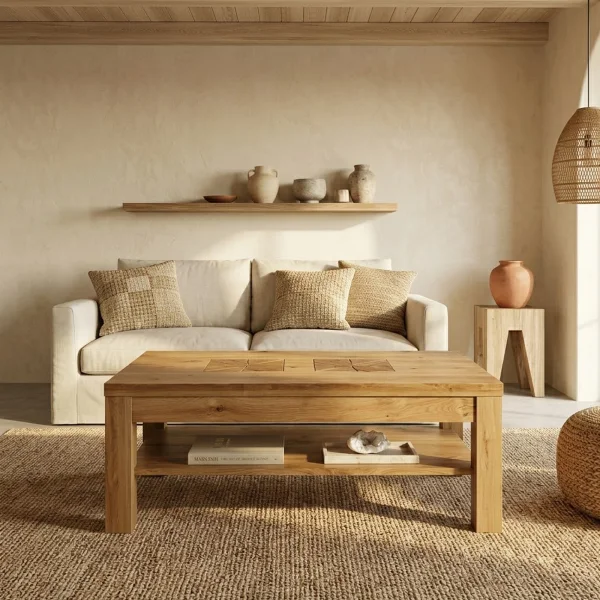 Tavolino da salotto 118x70cm 1 ripiano a vista legno massello quercia Ebania