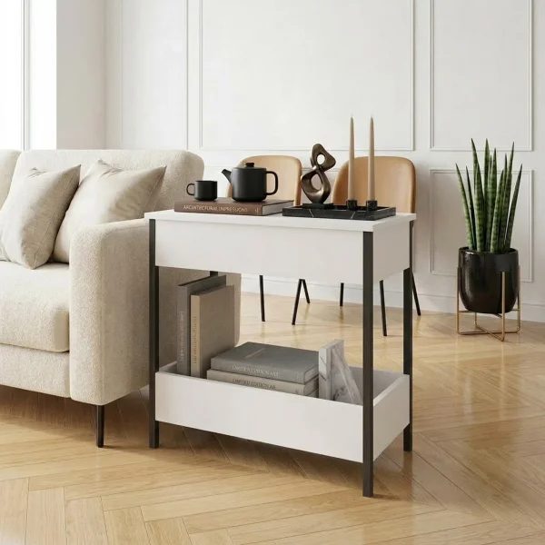 Tavolino da salotto 70x35cm 2 ripiani industrial metallo bianco Loft