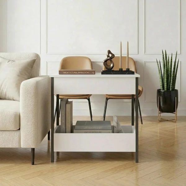 Tavolino da salotto 70x35cm 2 ripiani industrial metallo bianco Loft