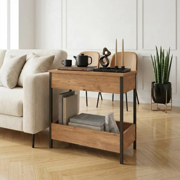 Tavolino da salotto 70x35cm 2 ripiani industrial metallo rovere rustico Loft