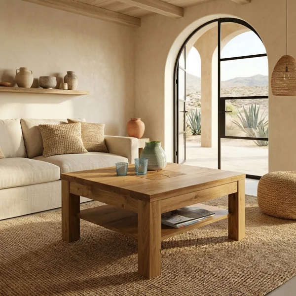 Tavolino da salotto 70x70cm 1 ripiano a vista legno massello quercia Ebania