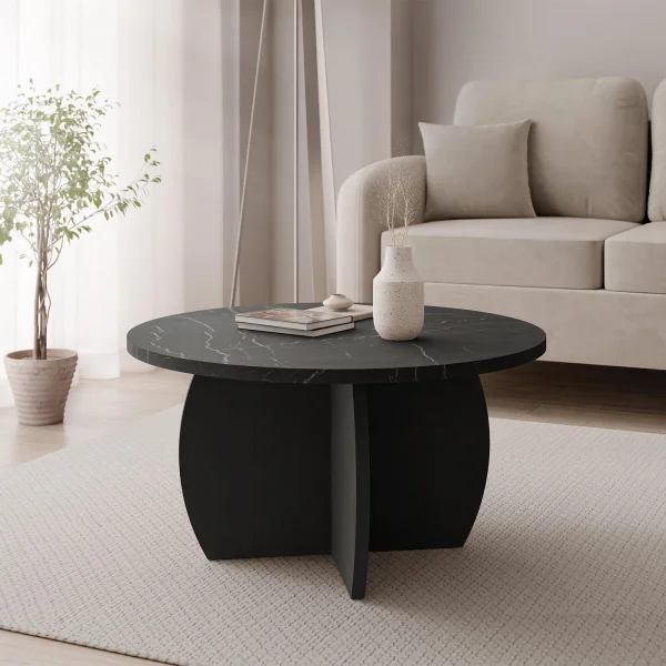 Tavolino da salotto 74x74cm rotondo effetto marmo nero Koda